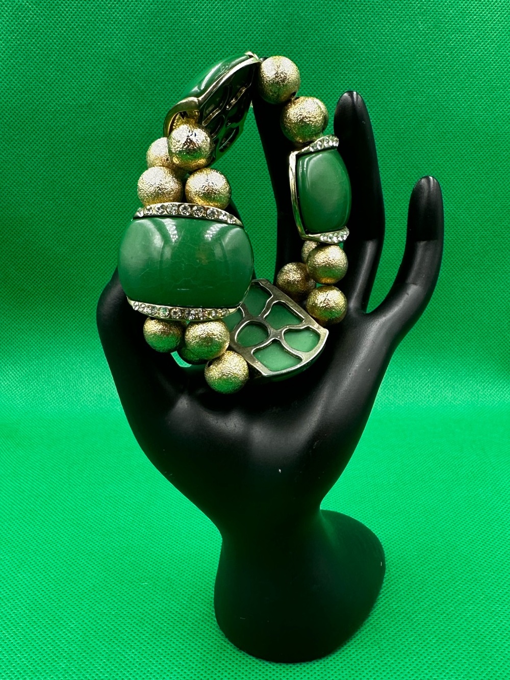 Green and Gold Chunky Beaded Bracelet with Rhinestone Accents